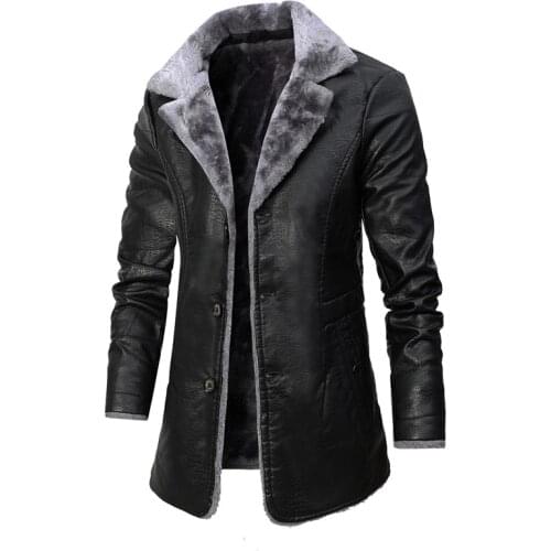 Men High Quality Casual Faux Jacket Men Brand Thick Fleece Leather Jacket Men Mid-Length Winter Fashion Vintage Pu Leather Coats