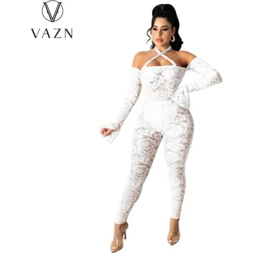 VAZN 2021 New Lace Up Sexy Solid Off Shoulder Lady Women Party Beach Jumpsuits Full Pant Bandage Rompers