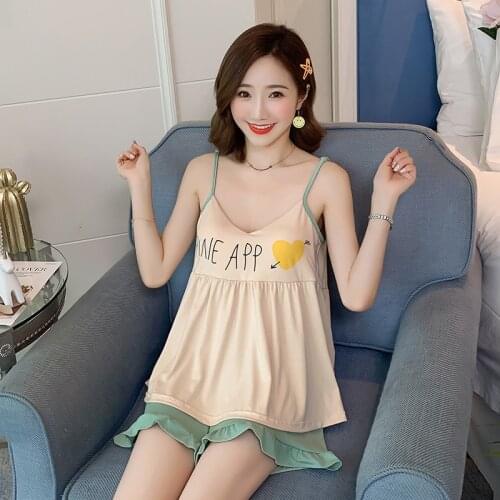 New Sale Women Pajamas Sets 24 Style Sexy Home Sleepwear Shortless Sleeve Print Pyjamas with Chest Pad Girl Short Pajamas Pant