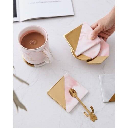 Homie Square Round Hexagonal shape Ceramic marble coaster set in pink gray natural color cup coaster mug plating mat 1pc