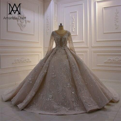 Luxuriouse Full Sleeve Lace Appliques 3D Flowers Wedding Dress