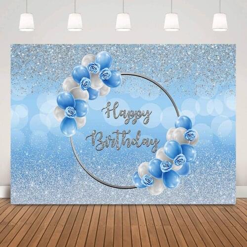 Silver Happy Birthday Party Backdrop Shiny Bokeh Blue Floral Balloons Children Adult Birthday Cake Smash Background Photography