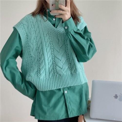 Loose Chic Simple Solid V-neck Knitted Sweater Vest for Ladies Elegant All-match Candy Colors Sweater Vest Winter Autumn Vest