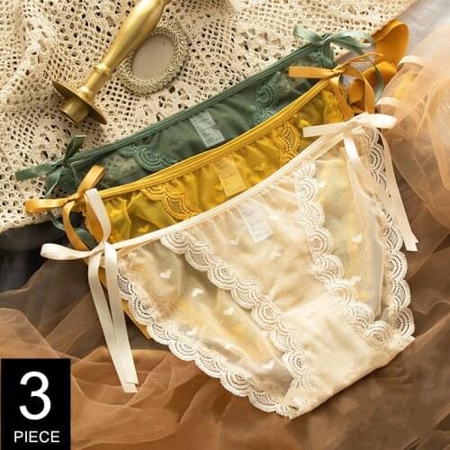 3 Pcs Womens Sexy Perspective Underwear Japanese Ladies Sweet Lace-up Bow Panties Ultra-thin Girls Bandage Briefs