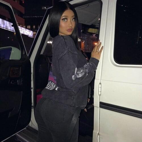 2-Color Street Hooded Cotton Heavy Water Washed Gray Black Flame Checkerboard Printing Sleeves Loose Sweater