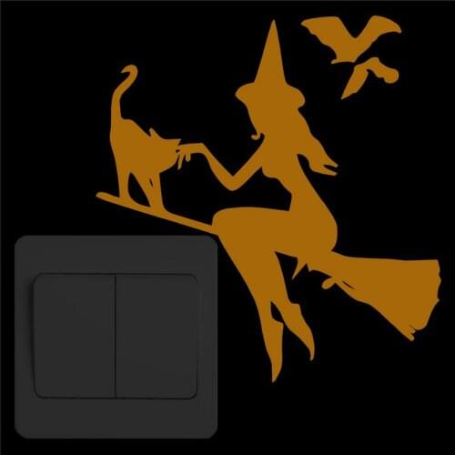 Witch on Broomstick with Cat & Bats Halloween Stickers Glow in the Dark Wall Sticker Kids Room DIY Decor Luminous Switch Sticker