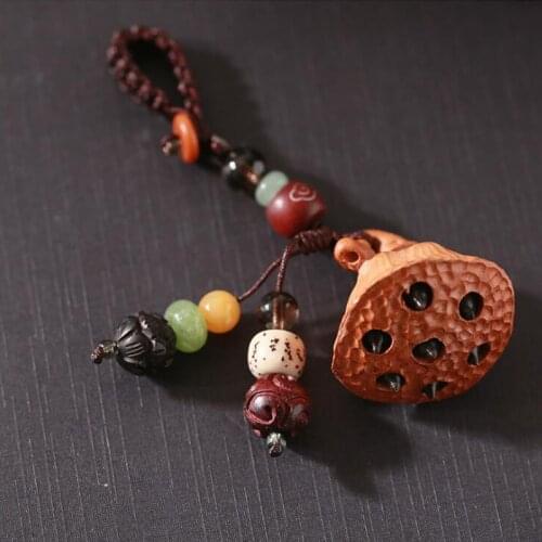Vintage Natural Wood Beads Craft Key Chain Lotus Charms Pendant Key Chains with Stone Beads For Women Men Hanging Accessories