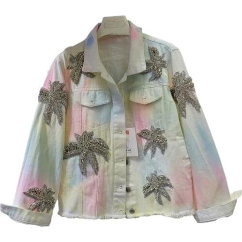 Korean Fashion Gradient Color Denim Jacket Women Loose Long Sleeve Short Student Outerwear Beading Flowers Jeans Jacket Female