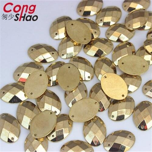 Cong Shao 200Pcs 13*18mm Gold Color flatback Acrylic Oval Rhinestone stones and crystals sewing 2 Hole DIY costume Button CS225F