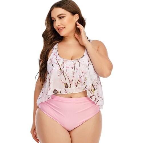 2021 European and American Style Plus Size Swimwear Light Pink Double-Shoulder Strap Fat Large Size Womens Split Swimsuit