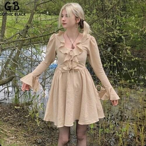 Gothblack Dress Retro Casual Elegant Street Solid Ruffles Butterfly Long Sleeve Dress Sweet High Waist Bow Lace Up V Neck Slim