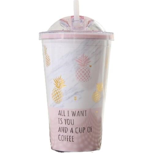 400ml Plastic Cup Pineapple Cup Sliding Cover Double Layer Cup Candy Colors Tea Juice Coffee With Lid Straw Water Bottle Cups