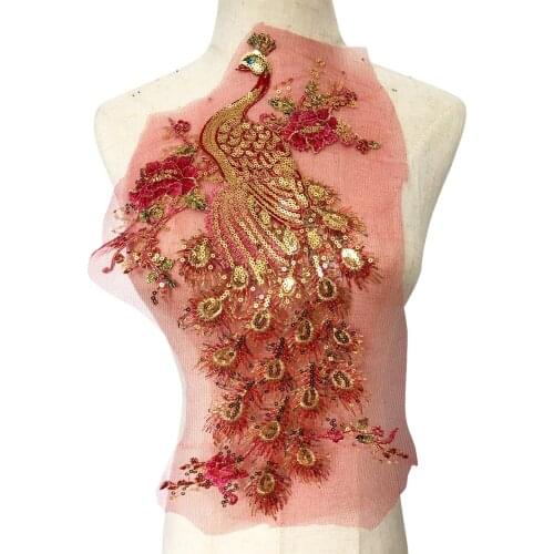 Sequins Peacock Flower Lace Fabric Applique Trim For Evening Dress Clothes Lace Collar Sew On Embroidery Patches Accessories