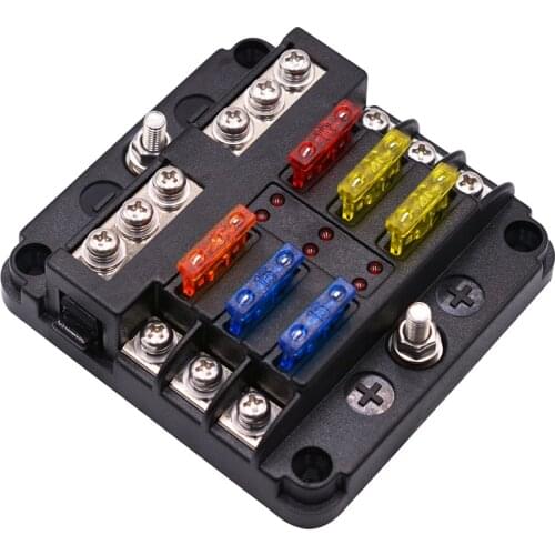 Car Modification Insurance Fuse Box 6 Way Insert Type with Led Light Positive and Negative Fuse Indicator Out Screw Connection