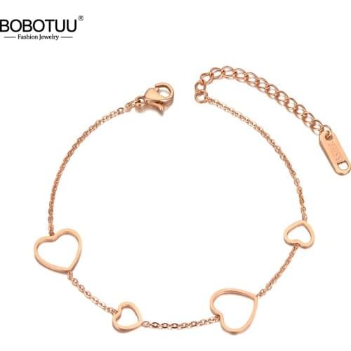 BOBOTUU Trendy Stainless Steel 4Pcs Heart Charm Bracelets For Women Girl Office/Career Rose Gold Chain Bracelet Jewelry BB20074