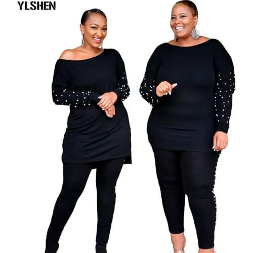 Two Piece Set African Clothes Africa 2021 Dashiki Fashion Beaded Tops Pants Suit Plus Size Clothing African Party Dresses Women
