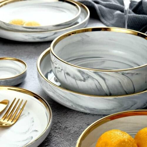 Creative marble pattern Phnom Penh ceramic Western tableware rice bowl household deep soup dish dish noodle soup bowl dish set