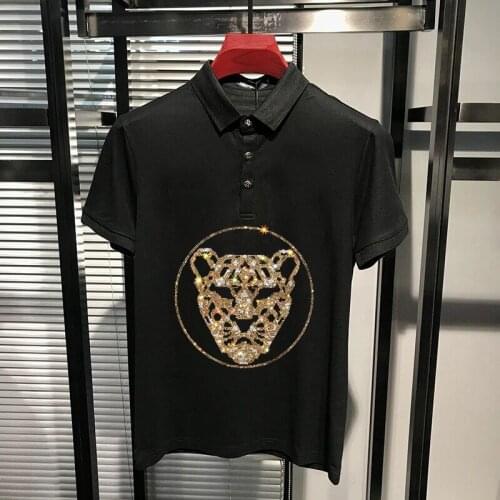 Mens Lapel Casual Sports Jogging Short Sleeve Anti-Pilling Unique Panther Head Rhinestone Bodybuilding Trend Male Polo Shirt