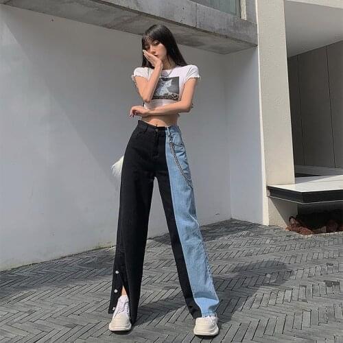 The new black and blue stitching contrast color high-waisted button slit jeans womens all-match tall and thin straight pants