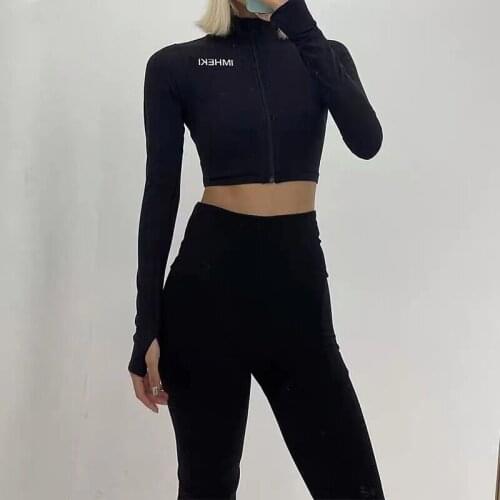 New 11.16 Autumn Winter Letter Print Zipper Design High Waist Short Elastic Tight Long Sleeve Subcoating T-shirt Women