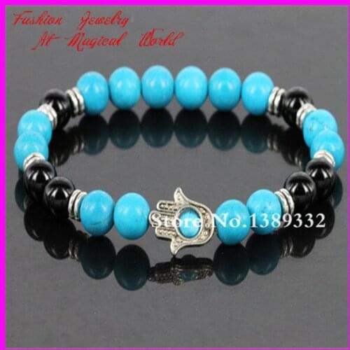 New Style Fashion Stone With Black Onyx Beads Bracelet Silver-color Hamsa Hand Charm Bracelet Healing Spiritual Bracelet