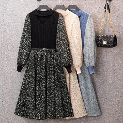 EHQAXIN 2021 Autumn New Ladies Dress Fashion Elegant V-Neck Hollow Knit Stitching Floral High Waist Casual Dress With Belt L-4XL