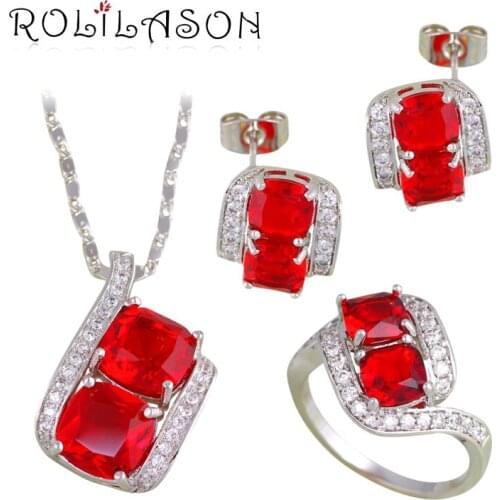 ROLILASON Trendy Red Zircon Plated Jewelry Sets Earrings Pendant Necklace Rings for Women Part Gift Fashion Jewelry JS669