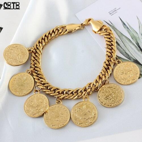Turkish Couple Round Coin Bracelet Golden Muslim Islam Bracelet 23cm Fashion Personality Charm Jewelry Party Gift Wholesale