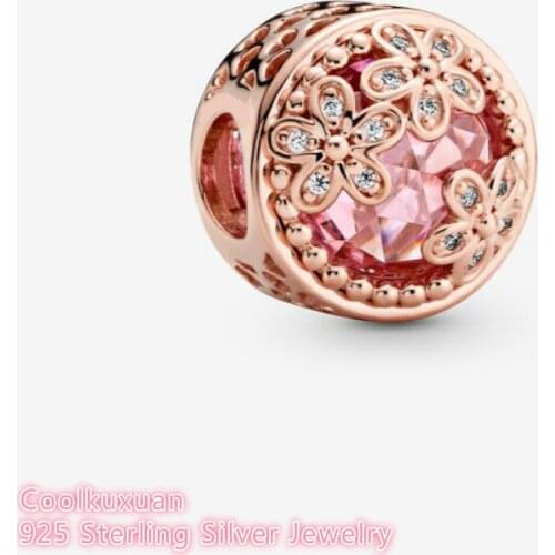 Spring 100% 925 Sterling Silver Sparkling Pink Daisy Flower Charm Rose Gold beads Fits Original Pandora bracelets Jewelry