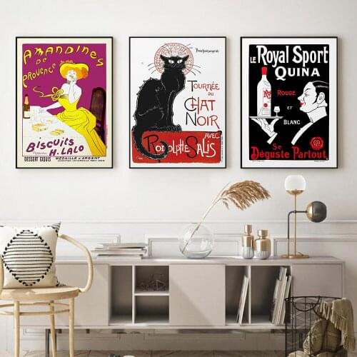 Vintage advertising wall art printing French chat black cat poster Amandines Le Royal Wine Cafe Kitchen Canvas Paintings Wall De