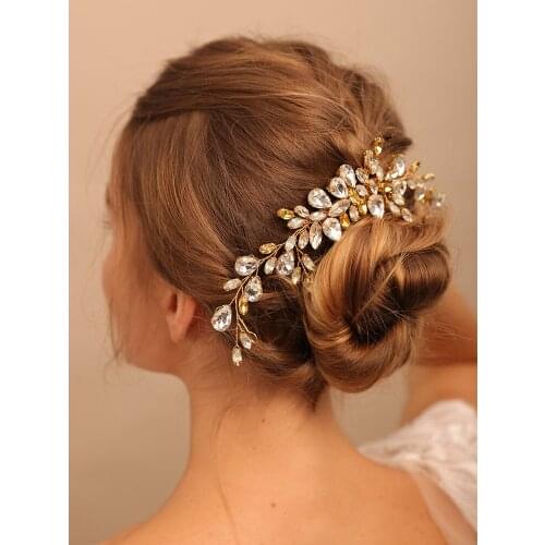 Vintage Gold Rhinestones Hair Comb for Bride Headdresses Novias Accessories Women Headband Bridal Headwear Shiny Hair Jewelry