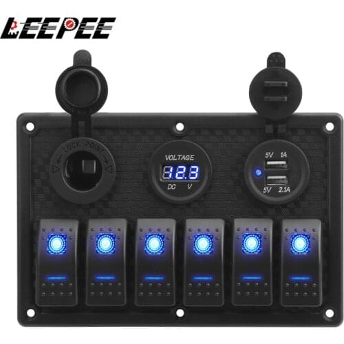 LEEPEE Waterproof Digital Voltmeter Dual USB Port 12V Outlet Combination Car Marine LED Rocker Switch Panel