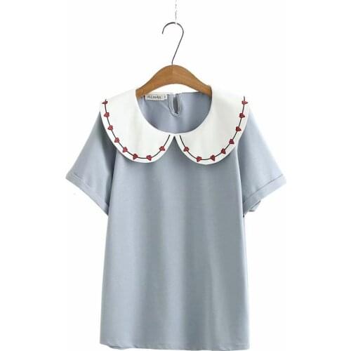 Plus size embroidery Turn-down Collar navy short sleeve women loose tshirts 2020 new summer casual lady soft t shirts female top