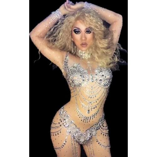 Women Outfit Diamonds Jumpsuit Party Celebrate Occasion Wear Sparkly Crystals Jumpsuit Costume Bling Big Stones Rompers Clubwear