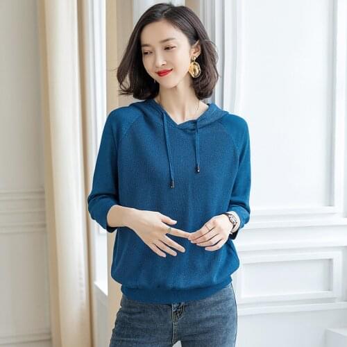 High Quality Lady Autumn Hooded Sweater Pullover Solid Color Female Wool Sweater Hooded Blouses Free Shipping