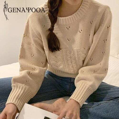 Genayooa Vintage Womens Pullover Sweater Knitted Jumper Ladies Long Sleeve O Neck Hollow Out Sweater Women Korean Style Autumn