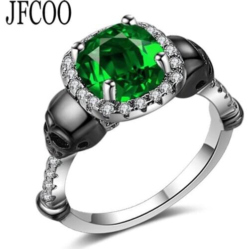 Female new fashion Black Skull Green Square Stone Rings Inlaid Cubic Zirconia Ring Personality punk Jewelry Dropshipping