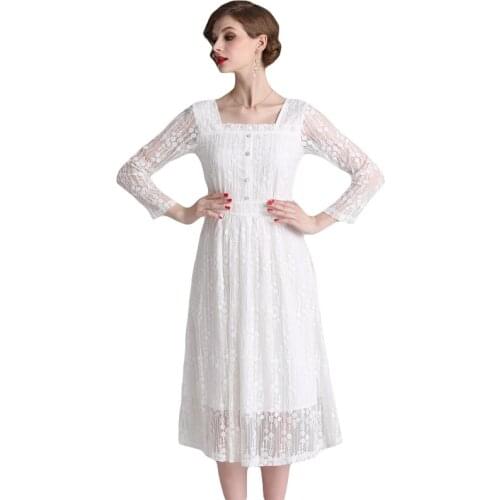 Bottoming lace dress spring female 2019 new retro small fresh lantern sleeves white long dresses first love Dress