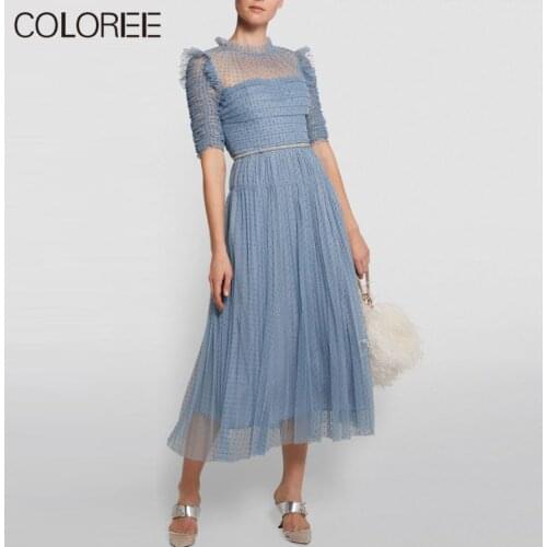 Sexy See Through Polka Dot Mesh Dress 2021 Runway Designers Women Summer Vintage Chic PUff Sleeve Long Pleated Party Dress