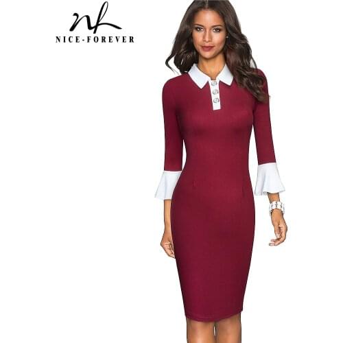 Nice-forever Spring Vintage Contrast Color Patchwork Elegant Dresses Business Office Bodycon Slim Women Dress btyB598