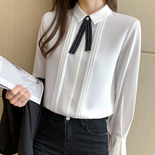White Blouse Fashionable Long Sleeve Elegant Shirts Loose Thin Korean version Lace Chiffon Folds Solid Color Blusas TopsDM0087