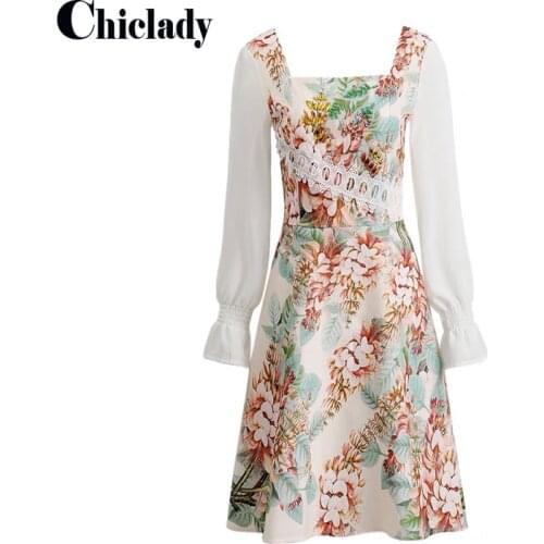 CHICLADY elegant square collar patchwork lace mini dress floral printed women summer casual robe tropical A-line dresses 2xl za