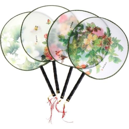 Wood Handle Chinese Vintage Palace Round Hand Fan Print Wedding Party Dance Gift