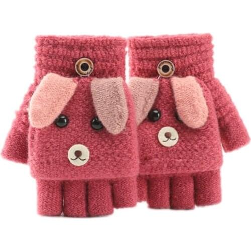 Children Kids Winter Warm Convertible Flip Top Gloves Cartoon Puppy Dog Knitted Plush Lined Flap Cover Fingerless Mittens