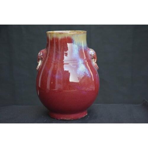 Antique QingDynasty porcelain vase,Red change to blue glaze,Beast ring,Hand-painted crafts,Decoration,collection &Adornment