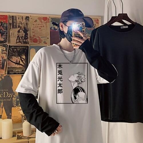 Anime Haikyuu Bokuto Printed Mens Long Sleeve T-Shirt Couple False Two Pieces Men Streetwear Japanese Hip Hop Oversized T Shirt