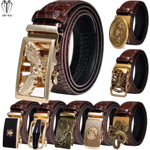 Hi-Tie 50 Kinds Automatic Buckles Mens Belts for Men Belt Red Burgundy Leather Ratchet Tiger Wolf Eagle Bat Waist Straps Wedding