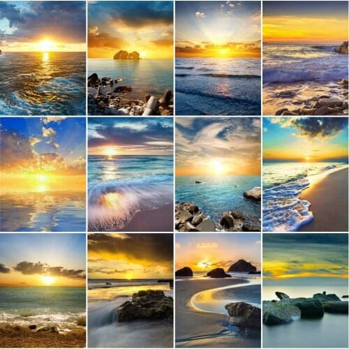 HUACAN 5D DIY Full Square Diamond Painting Scenery Seaside Diamond Embroidery Sunset Rhinestone Of Picture Cross Stitch Decor
