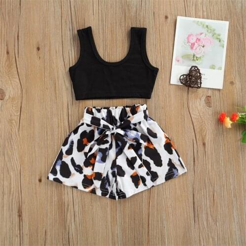 Kids Baby Fashion 2-piece Outfit Set Solid Color Sleeveless Tank Tops + Lace-up Leopard Shorts Set for Children Girls 0-3 Years