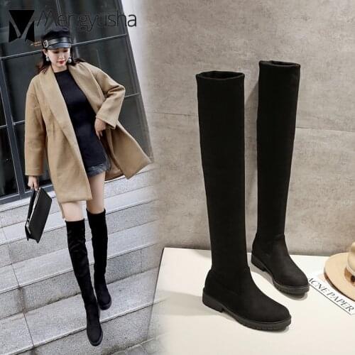 Leather Flock over-the-knee botas stovepipe low heels shoes big size chunky long chelsea boots woman autumn winter plush zapatos